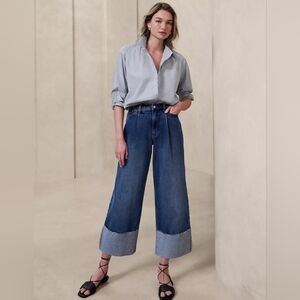 Banana Republic RARE High Rise Cropped Raw Hem Wide Leg Denim Dark Wash Jeans 6